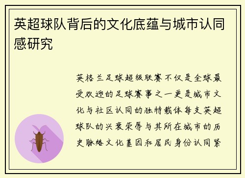 英超球队背后的文化底蕴与城市认同感研究